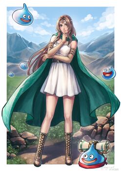1girl aerith_gainsborough aerith_gainsborough_(supreme_sage_garb) bags_under_eyes boots border brown_boots brown_gloves brown_hair cloak commentary cosplay creature crossed_arms dated dragon_quest dragon_quest_tact dress elbow_gloves english_commentary final_fantasy final_fantasy_vii final_fantasy_vii:_ever_crisis full_body gloves green_cloak green_eyes hand_on_own_chin highres kay-i long_hair official_alternate_costume outdoors parted_bangs sage_(dq3) sage_(dq3)_(cosplay) scroll shirt short_dress sidelocks sleeveless sleeveless_dress slime_(dragon_quest) smile standing surakuto twitter_username white_border white_shirt