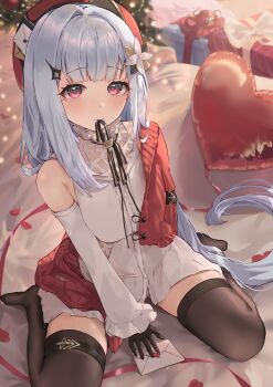 1girl absurdres arm_behind_back balloon bed bed_sheet black_gloves black_thighhighs blue_hair blunt_bangs blush box breasts buttons cardigan christmas christmas_lights christmas_tree closed_mouth commentary_request detached_sleeves dress envelope freesia_(stella_sora) freesia_(the_gift_of_falling_snow)_(stella_sora) gift gift_box gloves hair_flaps hair_ornament hat heart_balloon highres indoors long_hair long_sleeves mouth_hold nekoplanetouo official_alternate_costume on_bed red_cardigan red_eyes single_off_shoulder sitting solo stella_sora thighhighs thighs very_long_hair wariza white_dress
