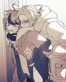 2boys against_door ahoge aotsuki_eito blush commentary dorodorodo412 drawstring glasses gloves greyscale highres holding_another's_arm hood hoodie jacket jacket_over_hoodie looking_down male_focus monochrome multicolored_hair multiple_boys open_clothes open_jacket pants pinned pocket short_hair sketch streaked_hair sumino_takumi sweatdrop the_hundred_line_-last_defense_academy- yaoi