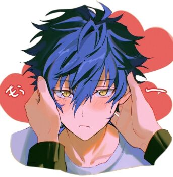 1boy 1other blue_hair closed_mouth crew_neck ensemble_stars! hair_between_eyes hands_on_another&#039;s_face heart looking_at_viewer sarara_rarara sazanami_jun short_hair two-tone_background white_background yellow_eyes