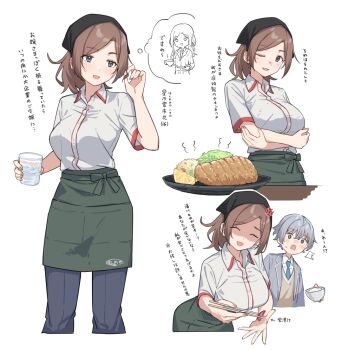 2girls anger_vein apron arms_under_breasts bandana blazer blue_eyes blue_necktie bowl breasts brown_hair brown_sweater_vest character_request chopsticks closed_eyes collared_shirt commentary_request copyright_request crossdressing crossdressing_(ftm) crossed_arms cup drinking_glass food grey_jacket holding holding_bowl holding_chopsticks holding_cup holding_food holding_own_hair jacket katsu_(food) large_breasts long_hair multiple_girls multiple_views necktie one_eye_closed pants plate red_trim rice school_uniform shirt short_hair short_sleeves speech_bubble sweater_vest tapioka_(oekakitapioka) thought_bubble translation_request waist_apron waitress white_shirt