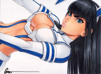 1girl adapted_costume animal_ears black_hair blue_eyes breasts cleavage_cutout closed_mouth clothing_cutout commentary crop_top english_commentary fake_animal_ears hairband junketsu kill_la_kill kiryuuin_satsuki large_breasts lips long_hair looking_at_viewer midriff navel nontraditional_playboy_bunny omar_dogan rabbit_ears rabbit_girl rabbit_tail sailor_collar sideways simple_background skirt solo suspender_skirt suspenders tail traditional_media white_background white_hairband white_sailor_collar white_skirt