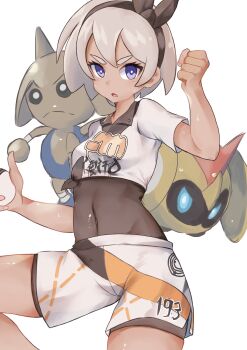1girl :o absurdres bea_(pokemon) black_bodysuit black_hairband bodysuit bodysuit_under_clothes breasts clenched_hand collared_shirt commentary_request covered_navel dark-skinned_female dark_skin eyelashes falinks gen_2_pokemon gen_8_pokemon grey_hair gym_leader hairband highres hitmontop holding holding_poke_ball medium_breasts nintendo open_mouth poke_ball pokemon pokemon_(creature) pokemon_swsh print_shirt print_shorts purple_eyes shirt short_hair short_sleeves shorts taruto_(takug0812) tied_shirt tongue white_background