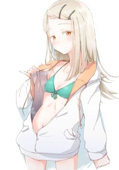 Rule 34 | 1girl, araco, bikini, blush, breasts, colored eyelashes, commentary request, front-tie bikini top, front-tie top, gakuen idolmaster, green bikini, highres, hood, hooded jacket, idolmaster, jacket, kimi to semi blue (idolmaster), light brown hair, long hair, long sleeves, looking at viewer, navel, orange eyes, partially unzipped, shinosawa hiro, simple background, small breasts, smile, solo, steaming body, string bikini, sweat, swept bangs, swimsuit, two-sided fabric, two-sided jacket, white background, white jacket
