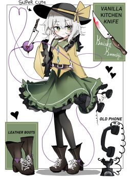 Rule 34 | 1girl, absurdres, antique phone, belt, black boots, black hat, black pantyhose, blood, bloody weapon, boots, bow, brown belt, buttons, collared shirt, commentary, diamond button, english commentary, english text, eyeball, frilled shirt collar, frilled sleeves, frills, full body, green eyes, green hair, green skirt, hand up, hat, hat bow, hat ribbon, heart, heart of string, highres, holding, holding phone, knife, komeiji koishi, long sleeves, looking at viewer, medium hair, ougiikun, pantyhose, phone, ribbon, shirt, skirt, smile, solo, stab, standing, third eye, touhou, v, weapon, wide sleeves, yellow bow, yellow ribbon, yellow shirt