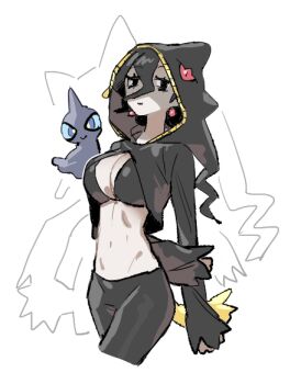 1girl 1other :o @_@ banette banette_(cosplay) bare_shoulders black_gloves black_hair breasts cleavage collarbone cosplay earrings evolutionary_line expressionless gen_3_pokemon gloves hair_between_eyes hair_ornament hex_maniac_(pokemon) hex_maniac_(pokemon_legends:_z-a) hood hoodie jewelry large_breasts large_earrings long_hair lowres mega_banette mega_pokemon nintendo no_bra pants pokemon pokemon_legends:_z-a purple_eyes raine_(acke2445) shaded_face shuppet silhouette sphere_earrings strapless white_background wide_hips