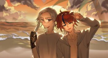 2boys ahoge alternate_costume aotsuki_eito beach black_gloves black_hair blue_eyes chinese_commentary closed_mouth cloud collarbone commentary_request drawstring food glasses glint gloves grey_hair grey_jacket grey_shirt highres holding holding_bracelet holding_food holding_popsicle hood hood_down hooded_jacket jacket long_sleeves male_focus multicolored_hair multiple_boys ocean open_clothes open_jacket open_mouth outdoors palm_tree popsicle rectangular_eyewear red_hair shell_bracelet shirt short_hair smile streaked_hair sumino_takumi sun sunset the_hundred_line_-last_defense_academy- tree two-tone_hair variant_set yang_zhe_qi