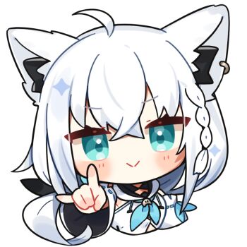 1girl ahoge animal_ear_piercing animal_ears blue_eyes blue_neckerchief blush braid chibi chibi_only closed_mouth commentary_request cropped_torso fox_ears fox_girl fox_shadow_puppet hololive kashiwase_karune long_hair long_sleeves looking_at_viewer neckerchief ribbon-trimmed_sleeves ribbon_trim shirakami_fubuki shirt simple_background smile solo transparent_background virtual_youtuber white_hair white_shirt wide_sleeves