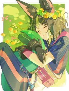 1boy absurdres animal_ear_fluff animal_ears asagihisui asymmetrical_sleeves black_gloves black_hair closed_eyes closed_mouth commentary_request day drawstring fox_boy fox_ears fox_tail genshin_impact gloves green_streaks green_tail hair_between_eyes highres hood hood_down hugging_own_tail hugging_tail looking_at_viewer lying male_focus medium_hair multicolored_hair on_side outdoors solo streaked_hair tail tighnari_(genshin_impact) uneven_sleeves