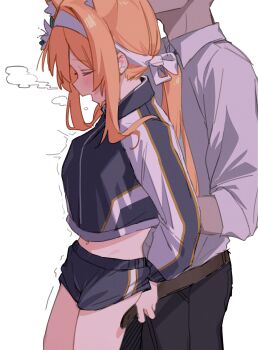 1boy 1girl absurdres animal_ears belt black_pants blue_archive blue_jacket blue_shorts bongnom breasts brown_belt cat_ears cat_girl closed_eyes collared_shirt commentary_request extra_ears grabbing_another&#039;s_breast grabbing_from_behind groping hand_under_clothes hetero highres jacket mari_(blue_archive) mari_(track)_(blue_archive) navel official_alternate_costume open_mouth orange_hair pants ponytail shirt short_shorts shorts small_breasts track_jacket trembling white_shirt x-ray