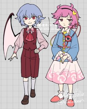 Rule 34 | >:), 1boy, 1girl, ahoge, ascot, bat wings, black hairband, blue hair, blue shirt, brooch, brown shoes, buttons, closed mouth, collar, commentary request, crossed bangs, dot nose, floral print, frilled shirt, frilled socks, frills, genderswap, genderswap (ftm), grey background, grid background, hair ornament, hairband, hand on own hip, heart, heart button, heart hair ornament, jewelry, jitome, kneehighs, komeiji satori, light frown, long hair, long sleeves, messy hair, own hands together, pants, pink hair, pink shirt, pink skirt, pink slippers, pointy ears, puffy long sleeves, puffy sleeves, purple eyes, red ascot, red eyes, red pants, red trim, red vest, remilia scarlet, rose print, shikido (khf), shirt, shoes, short hair, signature, skirt, slippers, smile, socks, third eye, touhou, twitter username, v-shaped eyebrows, vampire, vest, walking, watermark, white collar, white socks, wide sleeves, wings