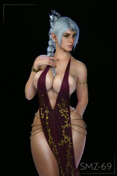 1girl 3d absurdres baldur's_gate baldur's_gate_3 blue_eyes breasts cleavage dungeons_&amp;_dragons female_focus freckles highres large_areolae large_breasts looking_at_viewer navel pointy_ears queen_marika_the_eternal_(cosplay) shadowheart shadowheart_(baldur's_gate) smz-69 solo white_hair wide_hips