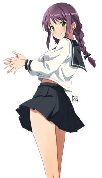 1girl black_ribbon black_sailor_collar black_skirt blush braid breasts closed_mouth commentary_request dot_nose from_side green_eyes hair_ribbon hands_up highres idolmaster idolmaster_million_live! idolmaster_million_live!_theater_days light_smile long_hair looking_at_viewer medium_breasts midriff own_hands_together pleated_skirt ponpon purple_hair ribbon sailor_collar school_uniform serafuku sidelocks signature simple_background skirt solo standing twin_braids white_background white_serafuku wind wind_lift