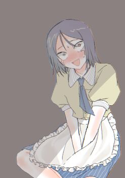 1boy :d apron between_legs blue_skirt blush breast_pocket brown_background commentary_request contrast_collar crossdressing crossdressing_(mtf) crying crying_with_eyes_open employee_uniform frilled_apron frills futsuu_no_keion-bu grey_hair grey_necktie hand_between_legs highres kokiyun_1210 male_focus necktie open_mouth parted_bangs pocket puffy_short_sleeves puffy_sleeves sanpaku shadow short_sleeves sitting skirt smile solo striped_clothes striped_collar striped_skirt taguchi_ryuuya tears trap tsurime vertical-striped_clothes vertical-striped_skirt waist_apron waiter white_apron yellow_eyes