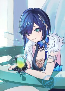 arm_support armlet black_gloves blue_dress blue_eyes blue_hair blush bracelet breasts castle cleavage cocktail cocktail_glass cup diagonal_bangs dress drink drinking_glass fur-trimmed_jacket fur_trim gem genshin_impact gloves hair_ornament hairpin halter_dress halterneck highres holding holding_cup jacket jacket_on_shoulders jewelry looking_at_viewer mole mole_on_breast multicolored_hair smile watermark white_jacket yayame_art yelan_(genshin_impact) yelan_(tranquil_banquet)_(genshin_impact)