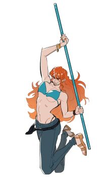 1girl arm_up bare_shoulders belt bikini bikini_top_only blue_bikini blue_pants bracelet breasts clima-tact collarbone commentary denim fighting_stance full_body highleg highleg_bikini highres holding holding_staff jeans jewelry large_breasts long_hair mcbuckwheat nami_(one_piece) navel one_piece orange_eyes orange_hair pants parted_lips sandals solo staff stomach swimsuit symbol-only_commentary white_background