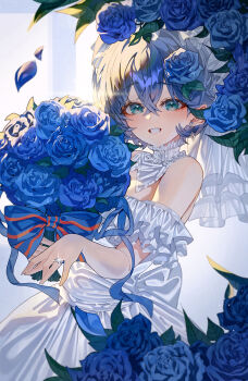 1girl belle_(zenless_zone_zero) blue_flower blue_hair blue_rose bouquet collar commentary cowboy_shot crossed_bangs detached_collar dress earrings falling_petals flower frilled_collar frilled_dress frills glint green_eyes grin hair_between_eyes hair_flower hair_ornament highres holding holding_bouquet indol jewelry looking_at_viewer petals revision ring rose rose_petals short_hair smile solo teeth wedding_dress wedding_ring white_dress zenless_zone_zero