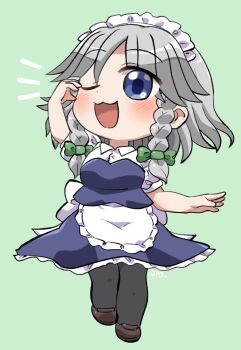 1girl ;3 ;d apron arm_up back_bow black_pantyhose blue_dress blue_eyes blush bow braid brown_shoes chibi chibi_only collared_shirt commentary_request dress frilled_apron frilled_dress frills full_body green_background green_bow grey_hair hair_bow highres izayoi_sakuya long_hair maid maid_headdress notice_lines one_eye_closed open_mouth pantyhose rokugou_daisuke shirt shoes short_sleeves signature simple_background smile solo standing touhou twin_braids waist_apron white_apron white_bow white_shirt