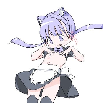 1girl animal_ear_hairband animal_ears apron black_skirt black_sleeves black_thighhighs blunt_bangs blush_stickers bow bowtie cat_ear_hairband cat_ears clothes_lift covering_breasts covering_privates cowboy_shot fake_animal_ears flat_chest floating_hair frown gluteal_fold hair_ribbon hairband hands_on_own_chest lokulo-chan_(lokulo_no_mawashimono) lokulo_no_mawashimono loli long_hair looking_down low_twintails lowres miniskirt no_panties oekaki open_mouth original puffy_short_sleeves puffy_sleeves purple_bow purple_bowtie purple_eyes purple_hair red_ribbon ribbon short_sleeves shrug_(clothing) simple_background skirt skirt_lift solo thighhighs topless_female twintails v-shaped_eyebrows waist_apron white_apron white_background wind wind_lift