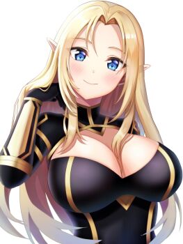 1girl absurdres alpha_(kagejitsu) blonde_hair blue_eyes blush breasts elf highres kage_no_jitsuryokusha_ni_naritakute! large_breasts long_hair looking_at_viewer nagisilon pointy_ears simple_background smile solo white_background