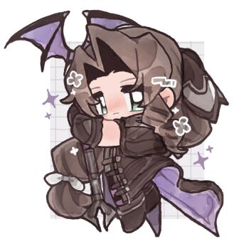 1girl :3 aerith_gainsborough aerith_gainsborough_(bahamut_robe) black_boots black_capelet black_gloves black_ribbon blym7oym7759061 boots border braid braided_ponytail capelet chibi chibi_only final_fantasy final_fantasy_vii final_fantasy_vii:_ever_crisis gloves green_eyes grid_background hair_ribbon highres holding holding_staff light_blush official_alternate_costume pantyhose parted_bangs purple_pantyhose ribbon sidelocks single_braid solo sparkle staff white_border