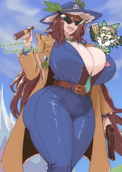 absurdres ass beretta_92 blue_suit breasts brown_hair cleavage curvy formal_clothes gensokyo_odyssey gun handgun highres huge_ass huge_breasts kakkoi_elbertson long_hair necktie reiuji_utsuho sha-pei_sahei suit sunglasses thick_thighs thighs touhou triangular_eyewear weapon wide_hips