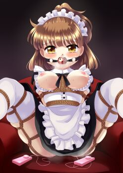 1girl apron arle_nadja ball_gag bdsm between_breasts blunt_bangs blush bondage bound bound_arms bound_breasts bound_legs bound_thighs bound_torso breast_bondage breasts breasts_out brown_eyes brown_hair chair collared_shirt crying crying_with_eyes_open dress drooling embarrassed female_focus frilled_dress frilled_skirt frills gag gagged hair_ornament highres indoors kinbaku legs legs_apart legs_up looking_at_viewer madou_monogatari maid maid_apron maid_headdress medium_breasts medium_hair nipples open_clothes open_shirt perky_breasts ponytail puyopuyo saliva saliva_trail sex_toy shibari shibari_over_clothes shirt short_sleeves simple_background skindentation skirt solo solo_focus spread_legs sweat sweatdrop sweetsprite tearing_up tears thighhighs thighs vibrator vibrator_cord vibrator_under_clothes white_thighhighs