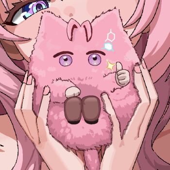 Rule 34 | 1girl, blush stickers, chibi, cl oor, close-up, commentary request, fluffy, hakui koyori, highres, holding chibi, hololive, long hair, pink fur, pink nails, portrait, purple eyes, sparkle, straight-on, thumbs up, virtual youtuber