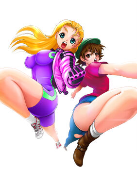 2girls absurdres asymmetrical_clothes blonde_hair bodysuit breasts brown_hair covered_erect_nipples denim fighting fighting_stance from_above full_body fuurinji_miu green_eyes green_hat hair_ornament hairclip hat highres impossible_clothes jacket jeans large_breasts long_hair matsuena_shun mole mole_under_eye multiple_girls nanjou_kisara official_art open_clothes open_jacket open_mouth pants pink_jacket purple_bodysuit red_shirt shijou_saikyou_no_deshi_ken'ichi shirt short_hair short_sleeves simple_background single_pantsleg skin_tight t-shirt tareme taut_bodysuit teeth thighs torn_clothes torn_jeans torn_pants unitard upper_teeth_only v-shaped_eyebrows white_background