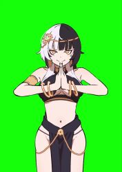 1girl ancient_egyptian_clothes animated bare_shoulders black_hair collarbone cowboy_shot dancing egyptian_trend_(meme) green_background harutimu hololive hololive_english looking_at_viewer multicolored_hair navel own_hands_clasped shiori_novella sound tagme thighs tongue tongue_out two-tone_hair video virtual_youtuber white_hair yellow_eyes