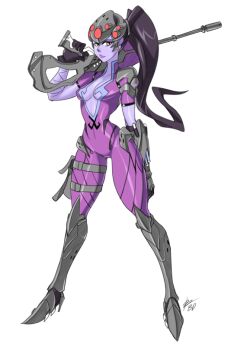1girl bigdead bodysuit breasts center_opening colored_skin female_focus holding holding_weapon long_hair overwatch overwatch_1 ponytail purple_skin sniper solo weapon widowmaker_(overwatch)