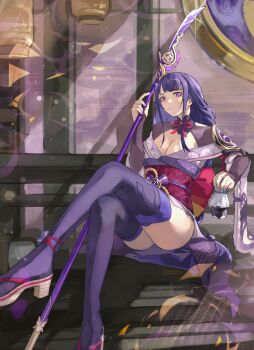 1girl absurdres armor artist_name back_bow blue_pupils blunt_bangs bottle bow braid breasts bridal_gauntlets cleavage closed_mouth clothing_cutout commentary crossed_legs dango_milk_(genshin_impact) dappled_sunlight elbow_rest english_commentary engulfing_lightning_(genshin_impact) eyeliner genshin_impact glint gradient_hair hair_ornament head_tilt highres holding holding_bottle holding_polearm holding_weapon indoors japanese_clothes kimono large_breasts light_particles long_braid long_hair makeup mature_female mitsudomoe_(shape) mole mole_under_eye multicolored_hair neck_ribbon off_shoulder polearm purple_eyes purple_hair purple_kimono purple_nails purple_thighhighs raiden_shogun red_eyeliner red_ribbon red_sash ribbon sash shade shadow shoulder_armor shoulder_cutout single_braid sitting solo st_ard streaked_hair sunlight thighhighs thighs tomoe_(symbol) upper_body weapon