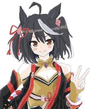 1girl ahoge animal_ears black_hair blush bow braid breasts brown_hair chanchanko_(clothes) ear_ornament ear_ribbon flower_ornament hair_between_eyes hair_ornament half_up_braid highres horse_ears horse_girl horse_tail kitasan_black_(crowning_ooban)_(umamusume) kitasan_black_(umamusume) kouhaku_nawa looking_at_viewer multicolored_hair red_eyes rope ryouta_1008 shimenawa short_hair smile solo streaked_hair tail umamusume white_hair