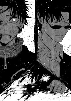 2boys aoshiro_(aoshiro_bee) blood blood_on_face closed_eyes closed_mouth collared_shirt corpse facial_scar greyscale jacket kagurabachi male_focus monochrome multiple_boys rokuhira_chihiro samura_seiichi scar scar_across_eyes scar_on_cheek scar_on_face shirt short_hair split_screen spoilers sunglasses teeth upper_body uruha_youji