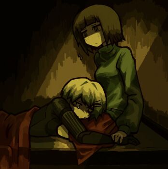 2girls :/ android breasts brown_hair brush_stroke commentary crack_of_light crying crying_with_eyes_open dark_background dark_room empty_eyes english_commentary freckles green_sweater hair_ornament hairclip hand_on_another's_wrist highres indoors jitome kasia_(peripeteia) kneeling lap_pillow lying marie_(peripeteia) mechanical_arms multiple_girls on_bed on_stomach ot8ko painterly peripeteia red_skirt shade short_hair skirt small_breasts sweater tears turtleneck turtleneck_sweater under_covers white_hair worried
