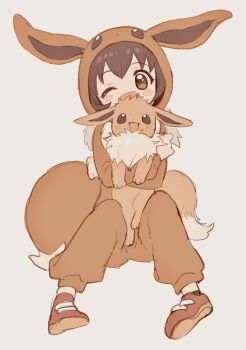 1girl ;d amezawa_koma ankle_socks black_legwear blush_stickers brown_eyes brown_footwear brown_hair commentary_request cosplay eevee eevee_(cosplay) eevee_costume eevee_ears eevee_tail full_body gen_1_pokemon grey_background highres hug knees_up nintendo one_eye_closed open_mouth poke_kid_(pokemon) pokemon pokemon_swsh pokemon_tail shoe_soles shoes simple_background sitting smile socks tail