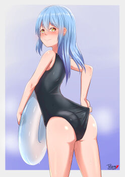 1girl adjusting_clothes adjusting_swimsuit ass black_one-piece_swimsuit blue_hair blush dated float highres long_hair looking_at_viewer old_school_swimsuit one-piece_swimsuit rimuru_tempest school_swimsuit sweat swimsuit tensei_shitara_slime_datta_ken tetupong yellow_eyes