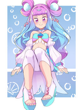 1girl absurdres applying_pedicure aqua_eyes aqua_hair aqua_nails blush breasts closed_mouth collarbone cure_la_mer gradient_eyes gradient_hair highres jewelry laura_la_mer long_sleeves looking_at_viewer medium_breasts multicolored_eyes multicolored_hair nail_polish navel pantyhose pearl_hair_ornament pink_eyes pink_hair precure sandals sitting smile solo stomach toenail_polish toenails toes toon_(noin) tropical-rouge!_precure white_pantyhose white_sandals