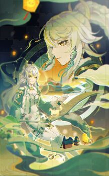 1girl absurdres braid chinese_clothes commentary_request crescent dress earrings genshin_impact hair_ornament highres jewelry lantern long_hair long_sleeves mountain paper_lantern ponytail qise_zhijing scroll sitting very_long_hair white_dress white_hair yellow_eyes zibai_(genshin_impact)