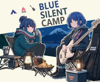 2girls bass_guitar black_boots black_pants blue_hair blue_jacket bocchi_the_rock! boots brown_boots campfire camping camping_chair chair commentary crossover cup drinking_glass folding_chair grey_hoodie guitar_case hair_bun hair_ornament hairclip holding holding_bass_guitar holding_cup holding_instrument hood hoodie instrument instrument_case jacket kessoku_band_logo kettle laika2slip lantern medium_hair mountain multiple_girls pants parallel_hairclips purple_eyes scarf shima_rin single_hair_bun striped_clothes striped_scarf trait_connection yamada_ryo yellow_eyes yurucamp