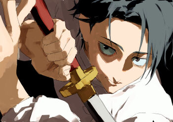 Rule 34 | 1boy, 333takoyaki, absurdres, black background, black eyes, black hair, closed mouth, commentary request, fighting stance, hands up, highres, holding, holding sword, holding weapon, jacket, jujutsu kaisen, katana, male focus, okkotsu yuuta, short hair, simple background, solo, sword, upper body, weapon, white jacket