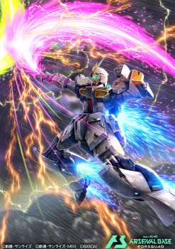 bettle_(b_s_a_n) clenched_hand commentary_request copyright_name electricity energy_weapon fighting_stance gundam gundam_arsenal_base mecha no_humans nu_gundam official_art robot slashing solo sparks