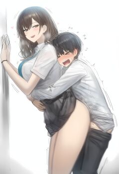 1boy 1girl absurdres age_difference ass blush breasts brown_eyes brown_hair closed_eyes clothed_sex earrings grabbing_from_behind groping highres huge_breasts jewelry long_hair open_mouth original rubbing school_uniform sex short_hair shota size_difference