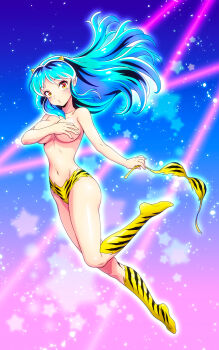 1girl animal_print blue_background blue_hair boots bra breasts commentary_request covering_breasts covering_privates full_body gradient_background highres holding holding_bra holding_underwear holding_unworn_clothes horns knee_boots large_breasts long_hair looking_at_viewer lum navel orange_eyes panties pink_background solo star_(sky) starry_sky_background stomach tiger_print topless_female underwear urusei_yatsura yellow_boots yellow_bra yellow_panties yoshinaga_yuki
