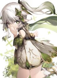 Rule 34 | 1girl, ankoro mochi, covering own mouth, detached sleeves, dress, floating hair, foot out of frame, genshin impact, green eyes, grey hair, hair ornament, hand up, highres, long hair, multicolored hair, nahida (genshin impact), pointy ears, ponytail, sidelocks, solo, symbol-shaped pupils, white background