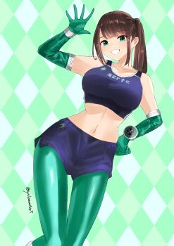 Rule 34 | 1girl, :d, absurdres, animification, argyle background, arm up, artist name, bare arms, bare legs, bare shoulders, blue shorts, blue sports bra, breasts, brown hair, collarbone, commentary, cowboy shot, curled fingers, cycloneactionx, elbow gloves, gloves, green background, green eyes, green gloves, green leggings, grin, hand on own hip, hayami sena, highres, juuken sentai gekiranger, kiramei green, knees together feet apart, leggings, long hair, looking at viewer, mashin sentai kiramager, medium breasts, midriff, mole, mole under mouth, navel, open hand, open mouth, ponytail, short shorts, shorts, side ponytail, smile, solo, sports bra, spread fingers, super sentai, swept bangs, tokusatsu, twitter username, waving