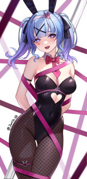 1girl :d alternate_costume animal_ears armlet arms_behind_back artist_name bare_shoulders belt black_leotard black_pantyhose blue_hair blush bound bow bowtie breasts cleavage clothing_cutout commentary covered_navel cutout_above_navel detached_collar english_commentary engrish_commentary fake_animal_ears fishnet_pantyhose fishnets gluteal_fold gradient_hair hair_ornament hair_ribbon hairband hairclip hatsune_miku heart heart-shaped_pupils heart_cutout highleg highleg_leotard highres jewelry jurrig leotard looking_at_viewer medium_breasts medium_hair mixed-language_commentary multicolored_hair necktie open_mouth pantyhose playboy_bunny purple_eyes purple_hair purple_hairband purple_ribbon rabbit_ears rabbit_hair_ornament rabbit_hole_(vocaloid) ribbon short_twintails sidelocks skindentation smile solo standing strapless strapless_leotard symbol-shaped_pupils teardrop_facial_mark thigh_gap thigh_strap thighs tied_up_(nonsexual) twintails vocaloid white_background x_hair_ornament