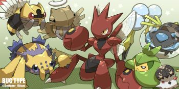 araquanid designer_ojisan english_text galvantula gen_2_pokemon gen_3_pokemon gen_5_pokemon gen_6_pokemon gen_7_pokemon green_background highres ninjask nintendo no_humans pokemon pokemon_(creature) scizor shedinja spewpa swadloon twitter_username