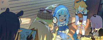 5girls :o absurdres animal_hood bent_over black_hair blonde_hair blue_eyes blue_hair blunt_bangs commentary deerstalker detached_sleeves drawstring english_commentary faceless faceless_female fins fish_tail gawr_gura gawr_gura_(1st_costume) hands_on_own_knees hat highres holding holding_magnifying_glass hololive hololive_english holomyth hood hood_up long_hair magnifying_glass mazumaro mori_calliope mori_calliope_(1st_costume) multicolored_hair multiple_girls ninomae_ina&#039;nis ninomae_ina&#039;nis_(1st_costume) open_mouth orange_hair pink_hair pointy_ears shark_hood shark_tail sharp_teeth streaked_hair tail takanashi_kiara takanashi_kiara_(1st_costume) teeth two-tone_hair virtual_youtuber watson_amelia watson_amelia_(1st_costume) white_hair