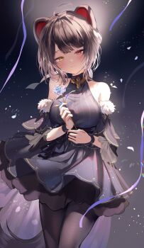 1girl :3 absurdres ahoge animal_ears black_hair black_pantyhose bloom blue_dress blunt_bangs blush bracelet breasts commentary confetti crystal_flower detached_sleeves dog_ears dog_tail dress english_commentary flower fur-trimmed_sleeves fur_trim happy_birthday heterochromia highres holding holding_flower inui_toko jewelry large_breasts light_particles looking_at_viewer nijisanji pantyhose red_eyes red_nails rose sidelocks smile solo striped_clothes striped_dress tail vertical-striped_clothes vertical-striped_dress virtual_youtuber y_o_u_k_a yellow_eyes